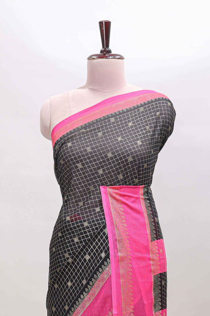 Black checked zari motifs semi soft silk saree with contrast bentex border and striped pallu
