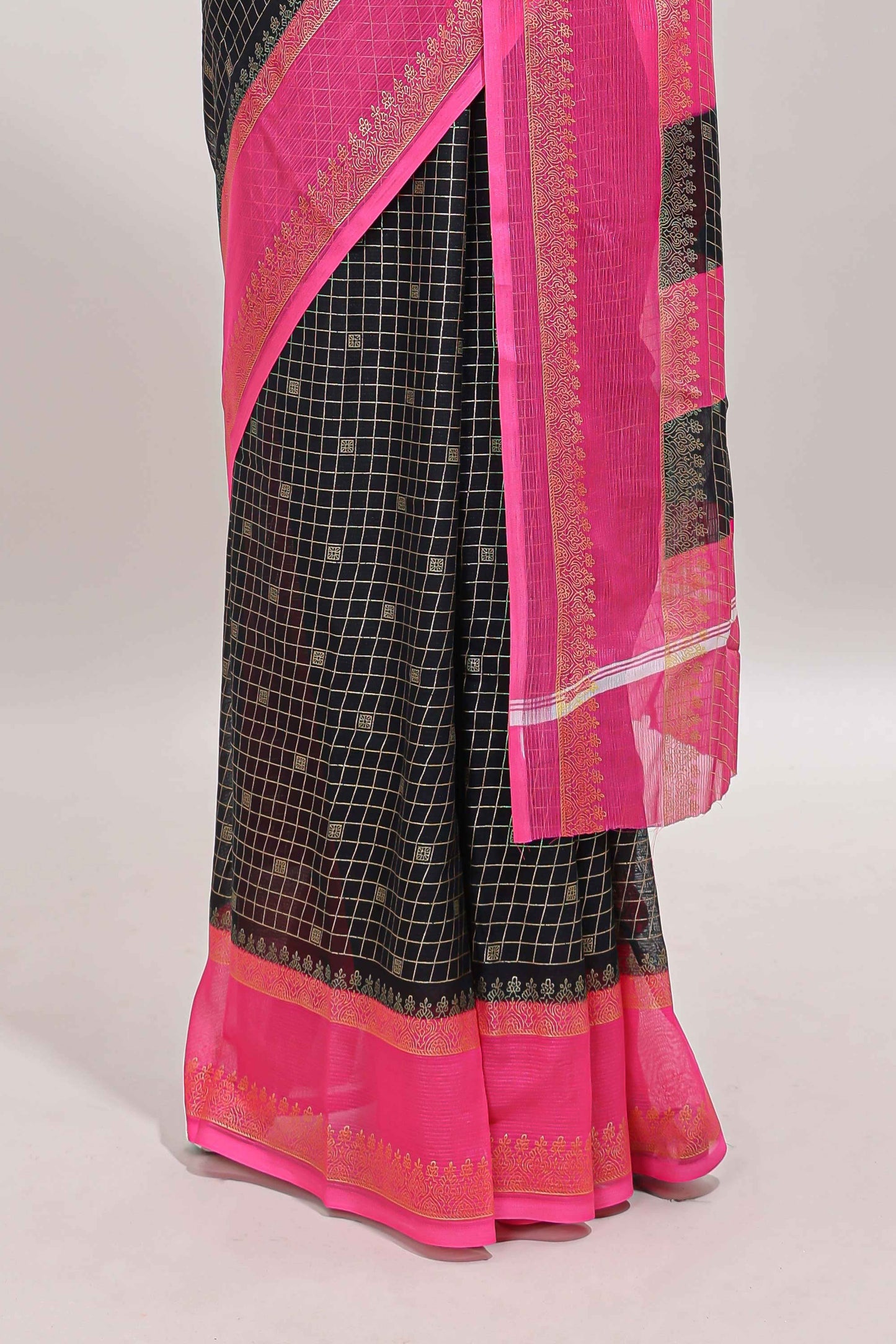 Black checked zari motifs semi soft silk saree with contrast bentex border and striped pallu