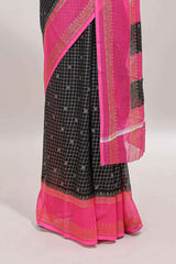 Black checked zari motifs semi soft silk saree with contrast bentex border and striped pallu