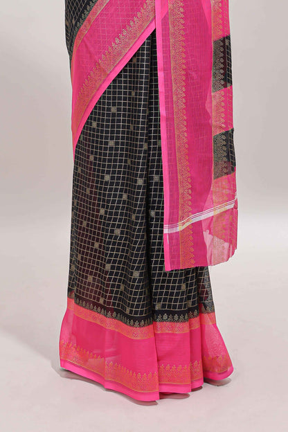 Black checked zari motifs semi soft silk saree with contrast bentex border and striped pallu