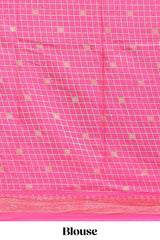 Black checked zari motifs semi soft silk saree with contrast bentex border and striped pallu