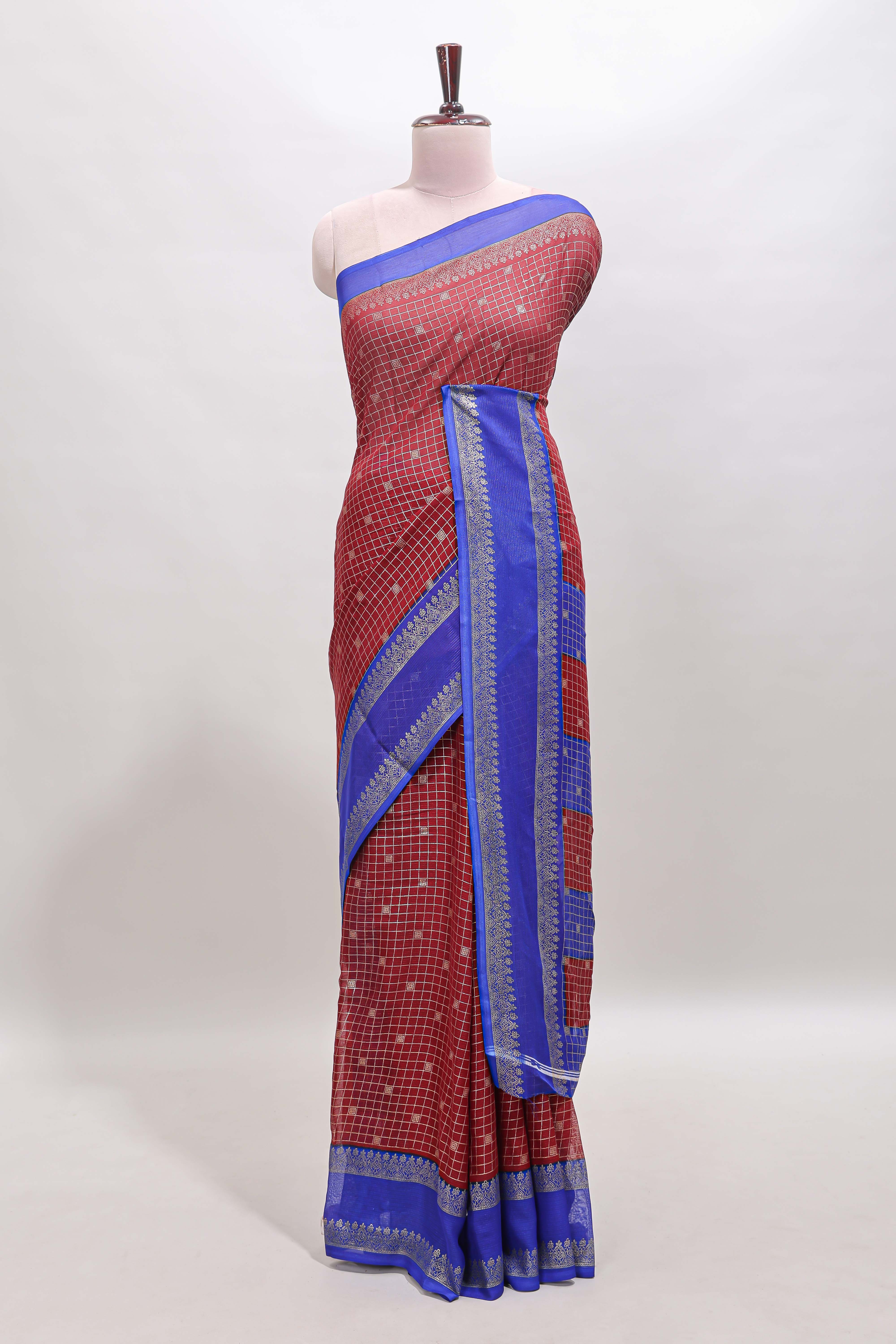 Maroon checked zari motifs semi soft silk saree with contrast bentex border and striped pallu