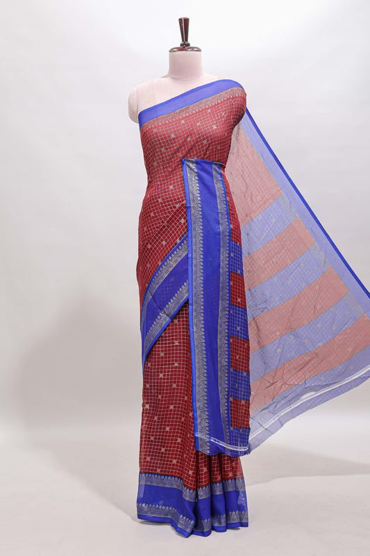 Maroon checked zari motifs semi soft silk saree with contrast bentex border and striped pallu