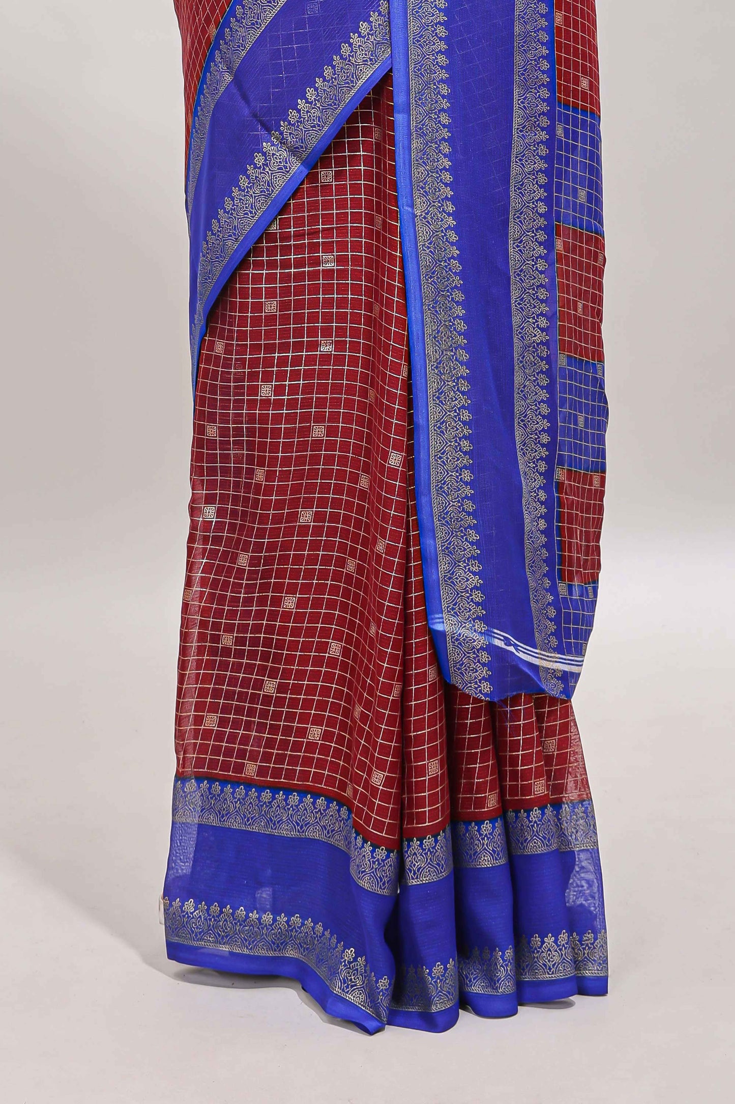 Maroon checked zari motifs semi soft silk saree with contrast bentex border and striped pallu