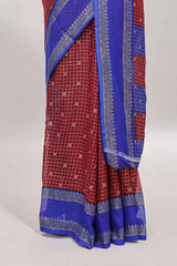 Maroon checked zari motifs semi soft silk saree with contrast bentex border and striped pallu