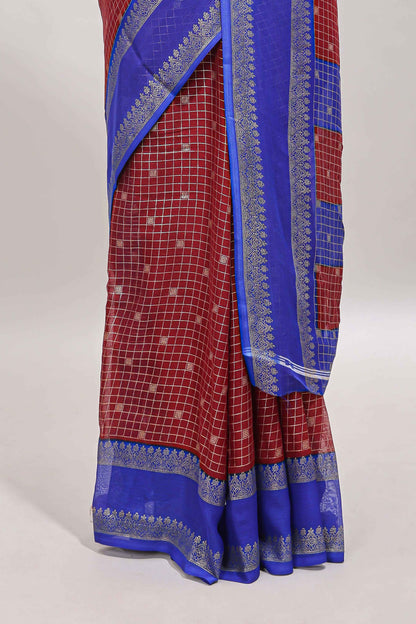 Maroon checked zari motifs semi soft silk saree with contrast bentex border and striped pallu