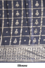 Blue color budget silk saree with contrast foil print border and contrast pallu along with contrast blouse piece