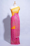 Yellow color budget silk saree with contrast foil print border and contrast pallu along with contrast blouse piece