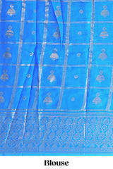 Royal blue color budget silk saree with contrast foil print border and contrast pallu along with contrast blouse piece