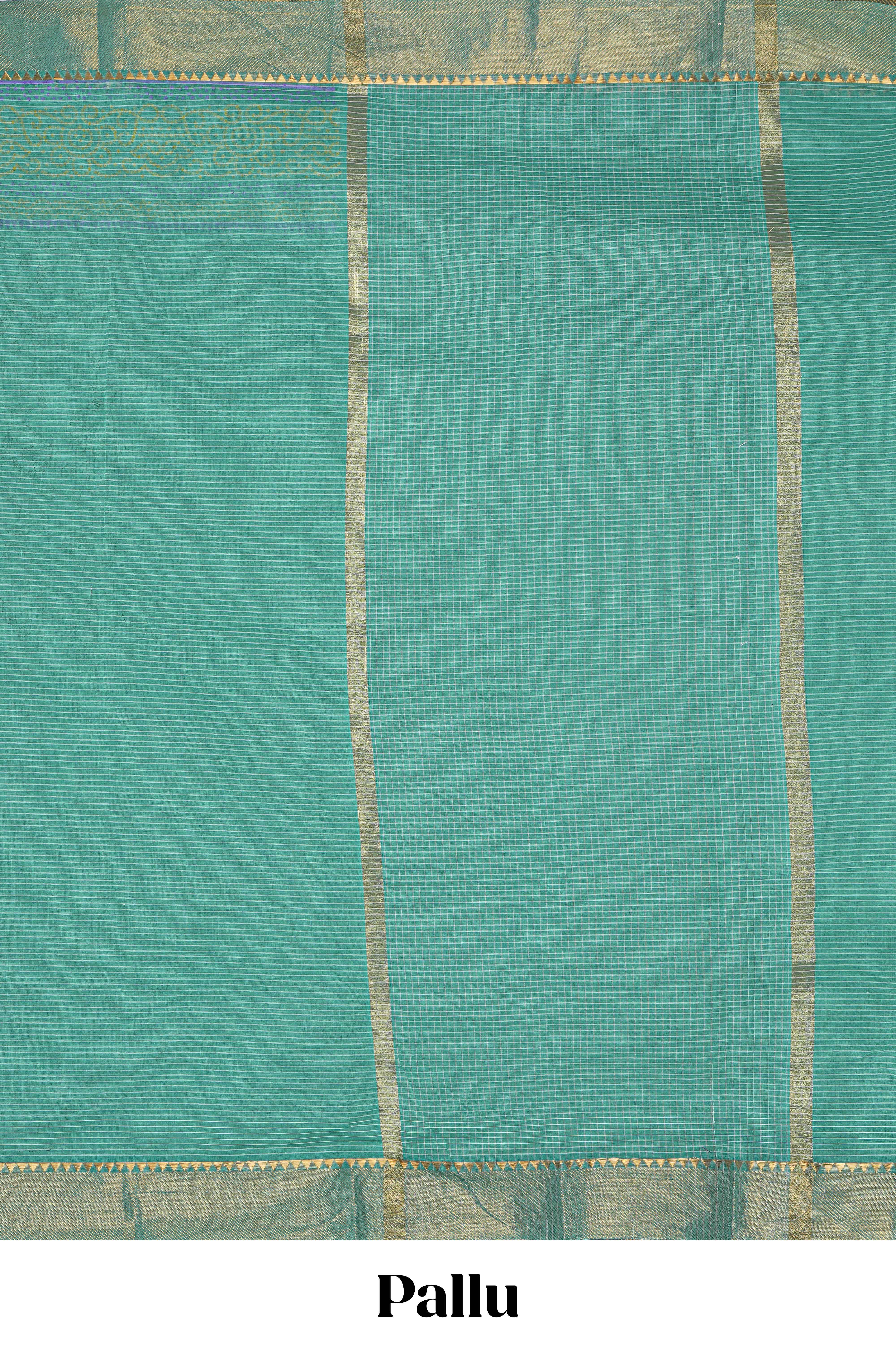 Green striped floral design chirala cotton saree with self zari border and matching blouse