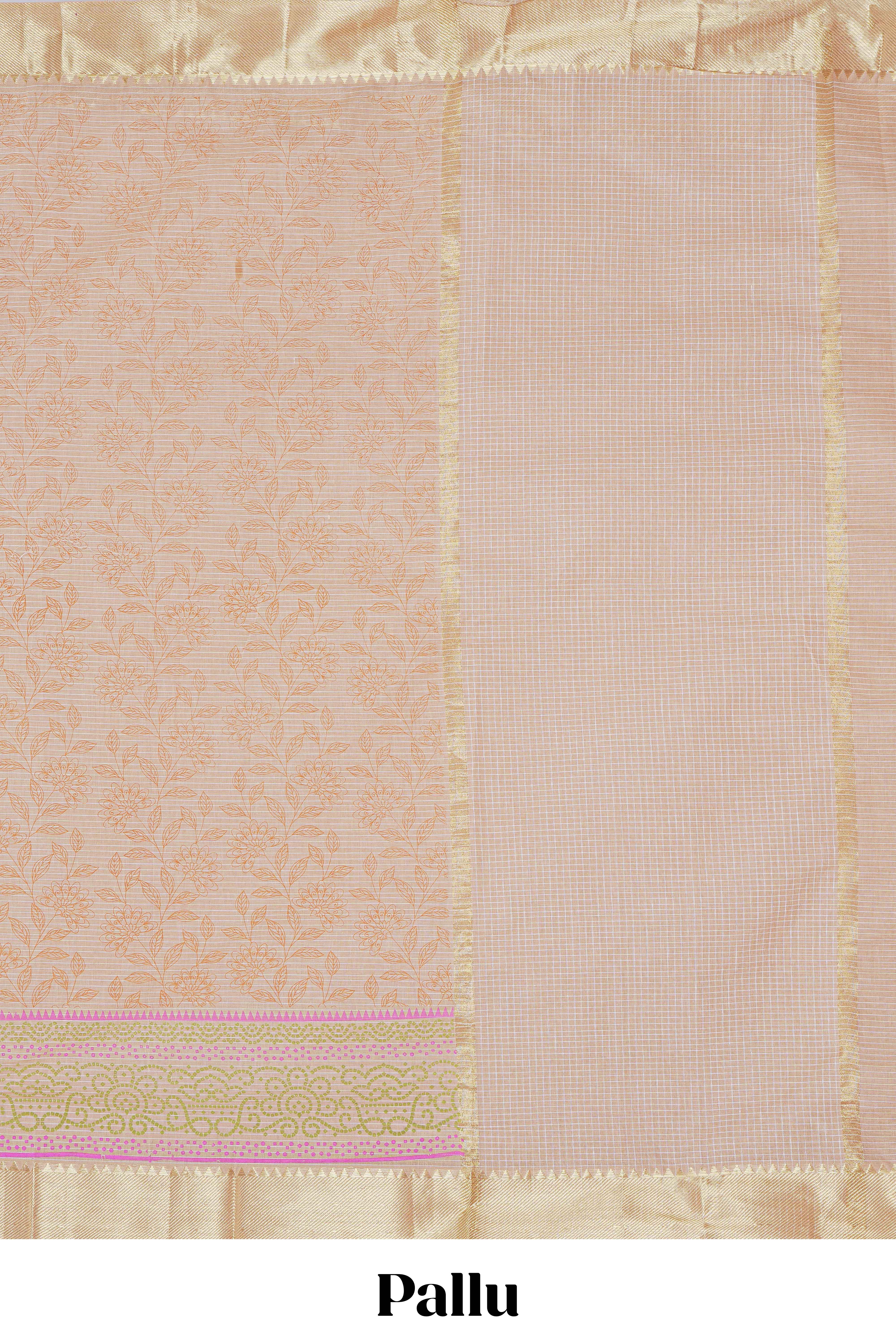 Peach striped floral design chirala cotton saree with self zari border and matching blouse