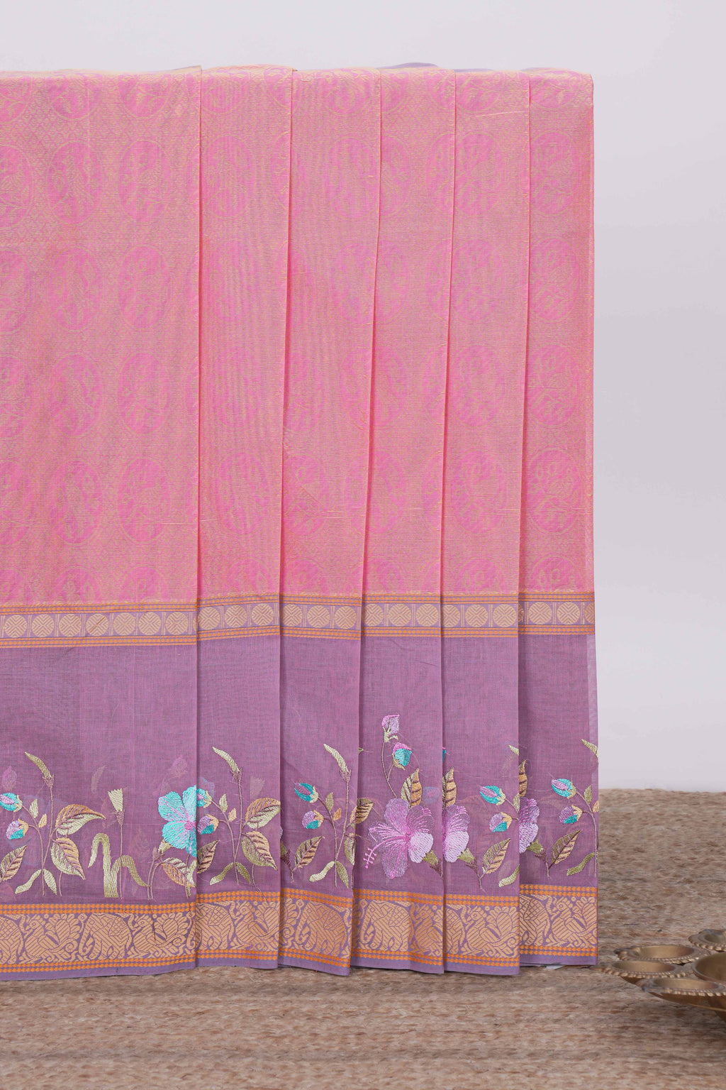 Pink birds motifs design chirala cotton saree with contrast border and matching blouse