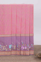 Pink birds motifs design chirala cotton saree with contrast border and matching blouse