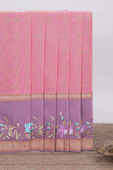 Pink birds motifs design chirala cotton saree with contrast border and matching blouse