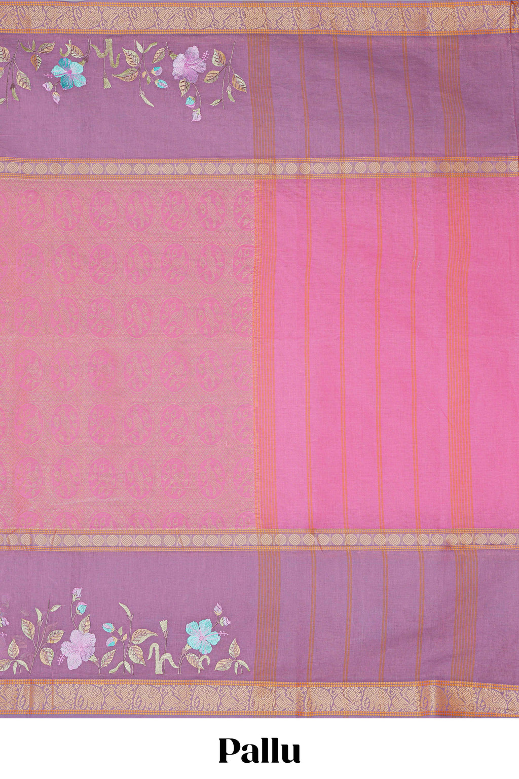 Pink birds motifs design chirala cotton saree with contrast border and matching blouse