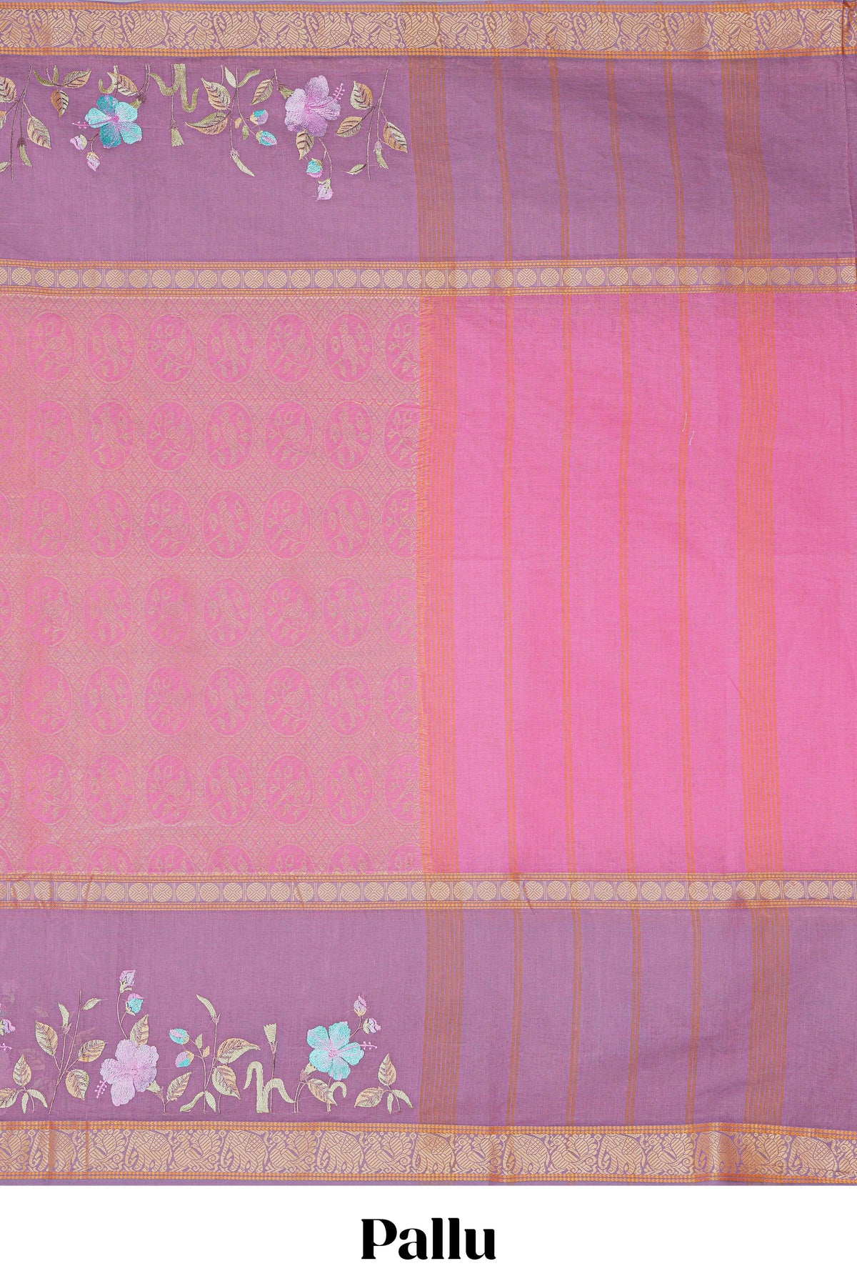 Pink birds motifs design chirala cotton saree with contrast border and matching blouse