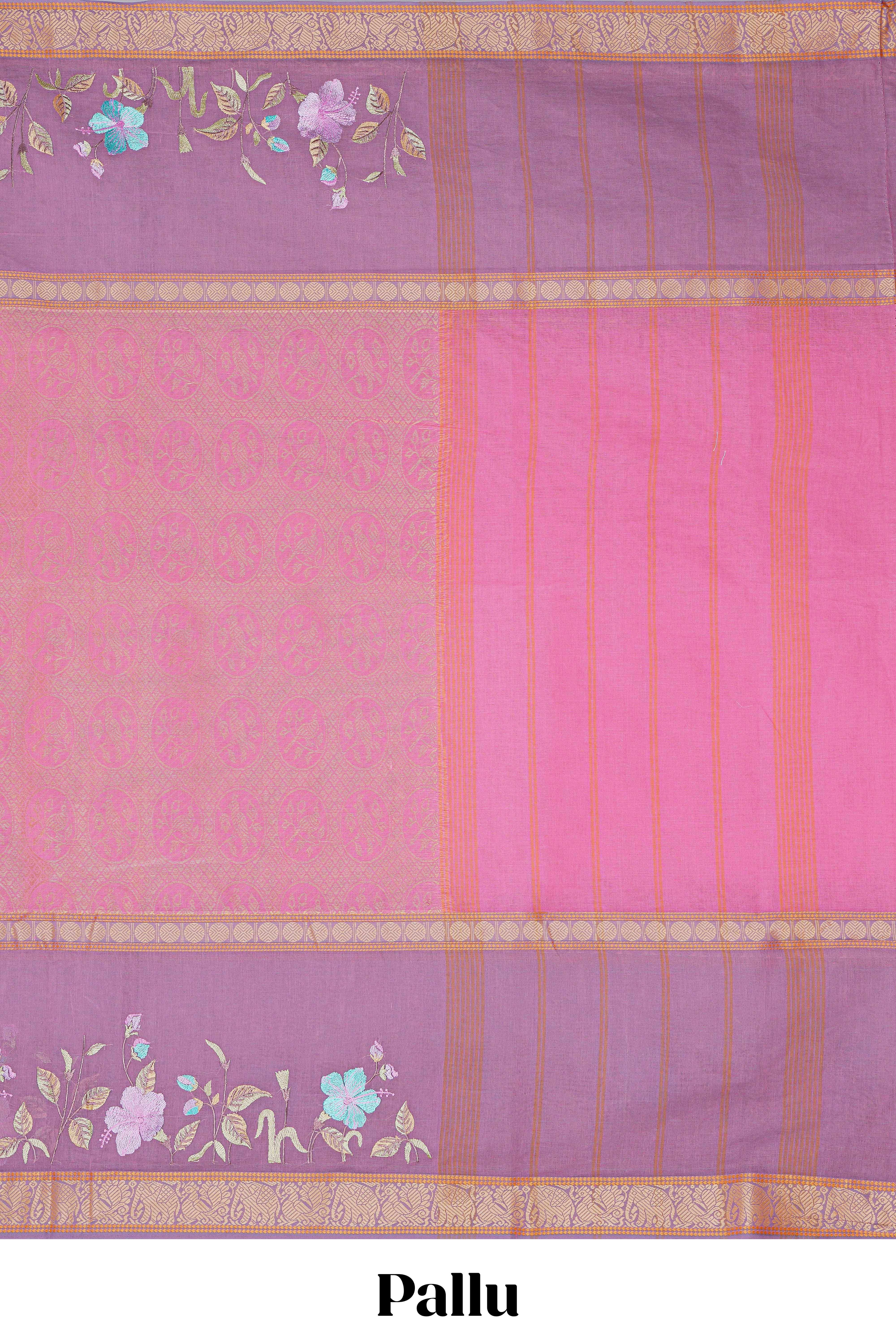 Pink birds motifs design chirala cotton saree with contrast border and matching blouse