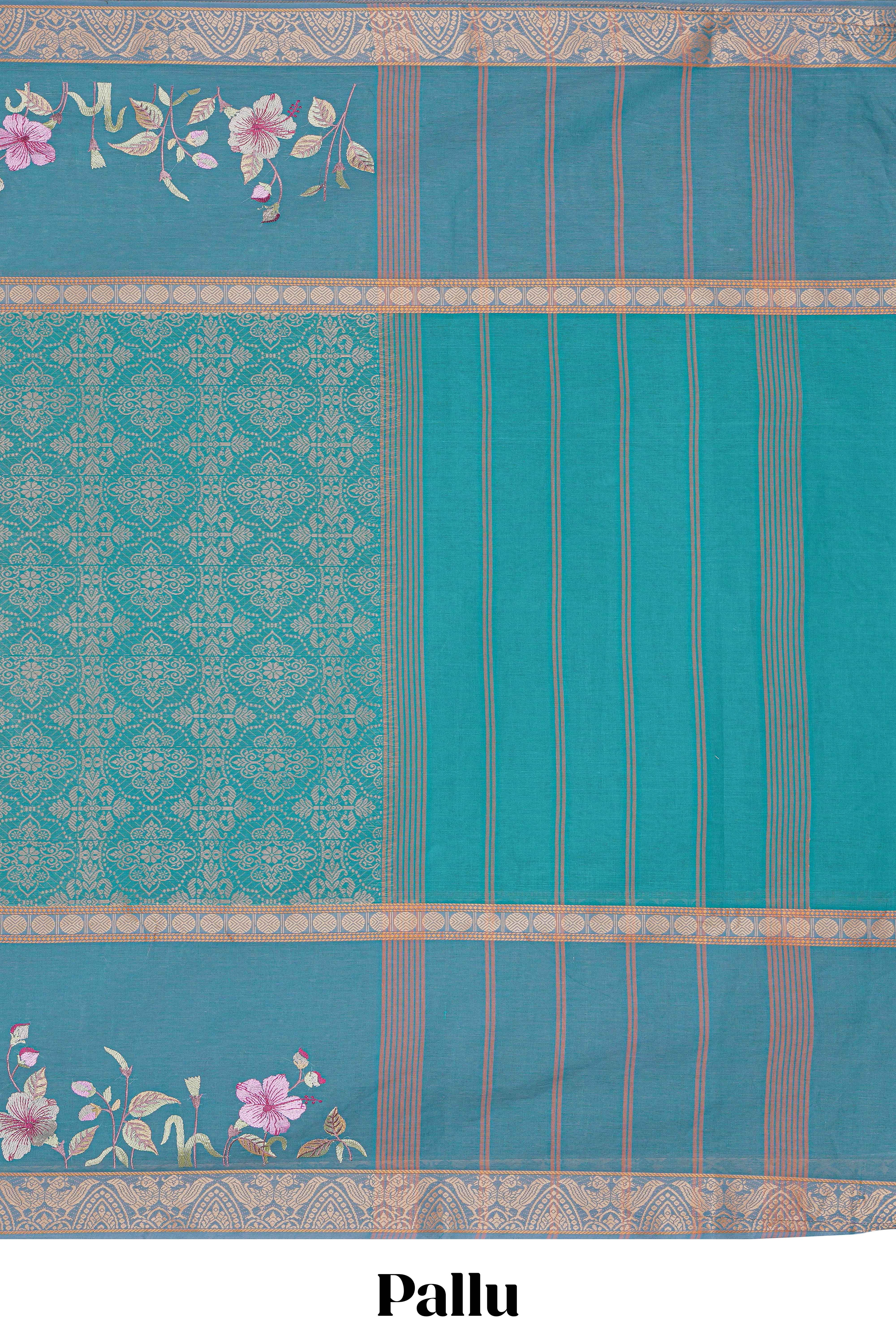 Green floral design chirala cotton saree with contrast border and matching blouse