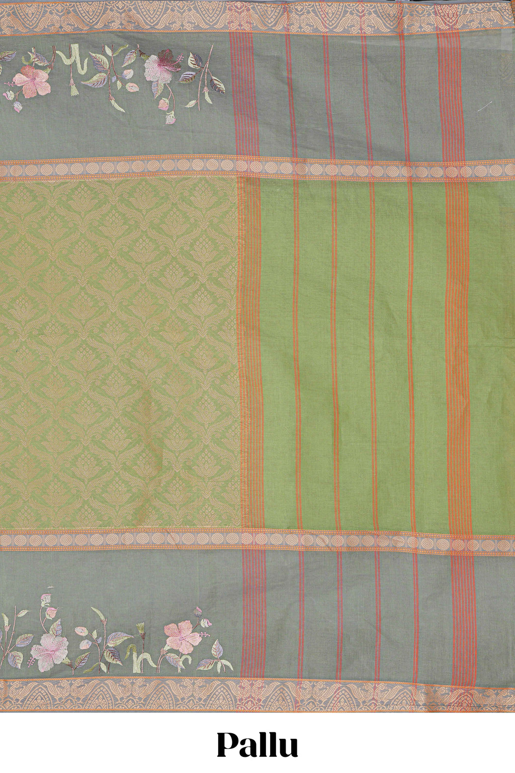 Olive green floral design chirala cotton saree with contrast border and matching blouse
