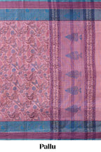 Pink checked floral design chirala cotton saree with contrast border and striped blouse
