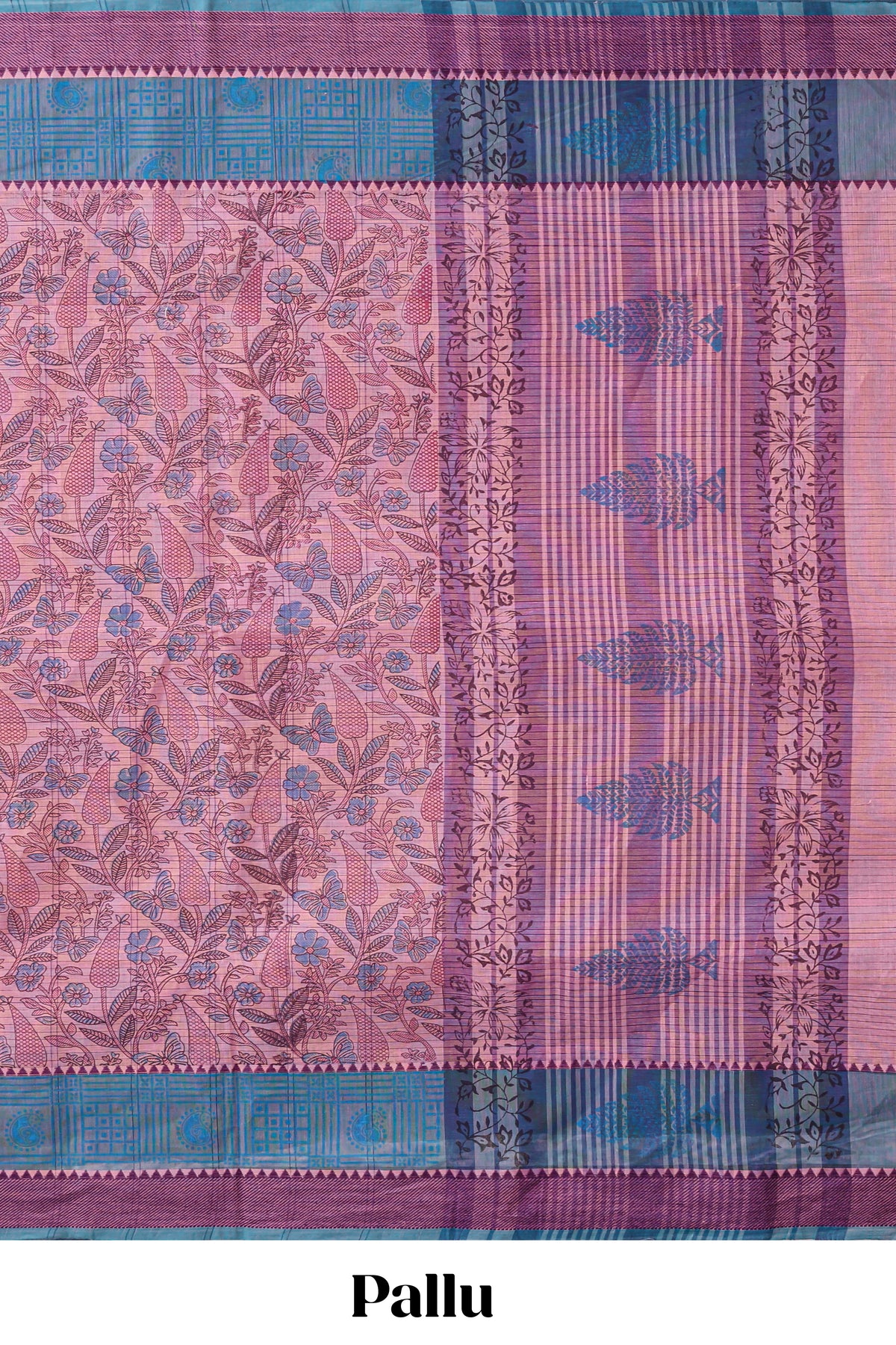 Pink checked floral design chirala cotton saree with contrast border and striped blouse