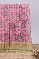 Pink checked motifs design chirala cotton saree with contrast border and striped blouse
