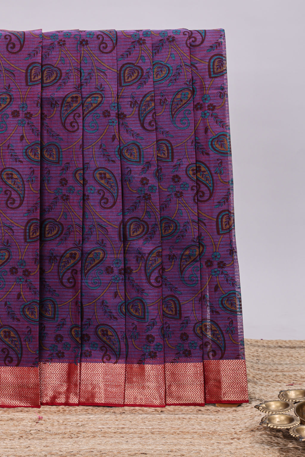 Violet striped motifs design chirala cotton saree with contrast border and motifs blouse