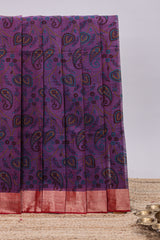 Violet striped motifs design chirala cotton saree with contrast border and motifs blouse