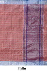 Rust red checked design chirala cotton saree with contrast border and striped blouse