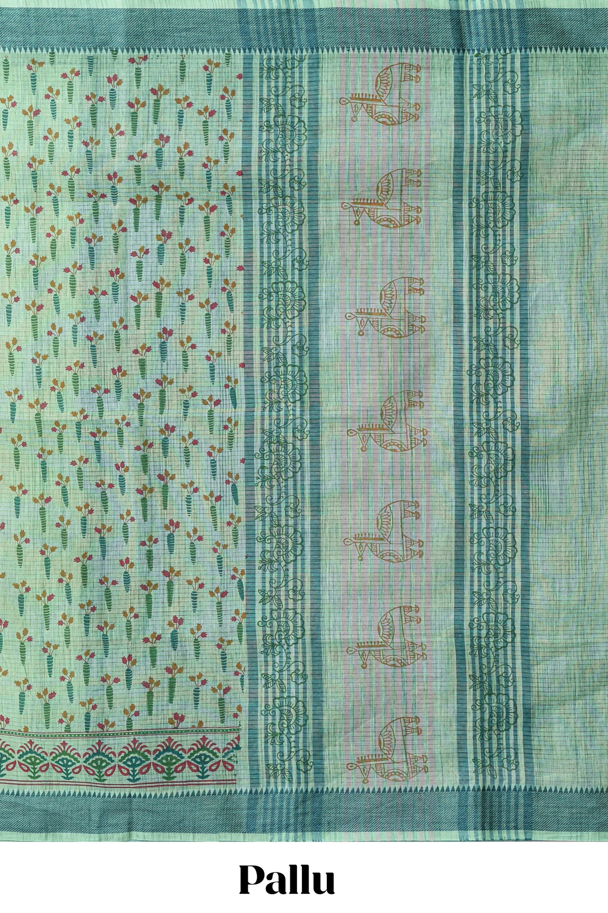 Green checked floral design chirala cotton saree with self border and printed blouse