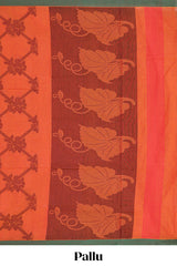 Orange floral and geometric designed chirala cotton saree with contrast border and self floral motif pallu