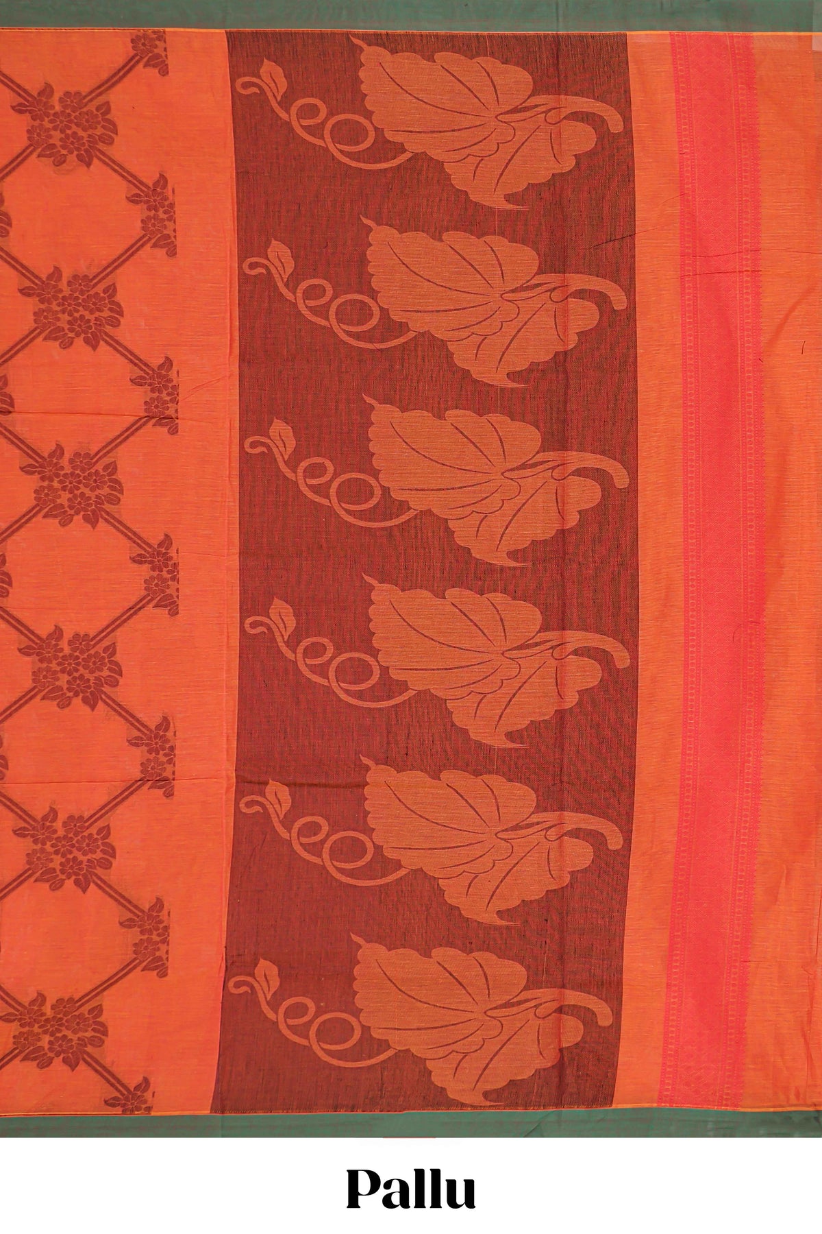 Orange floral and geometric designed chirala cotton saree with contrast border and self floral motif pallu