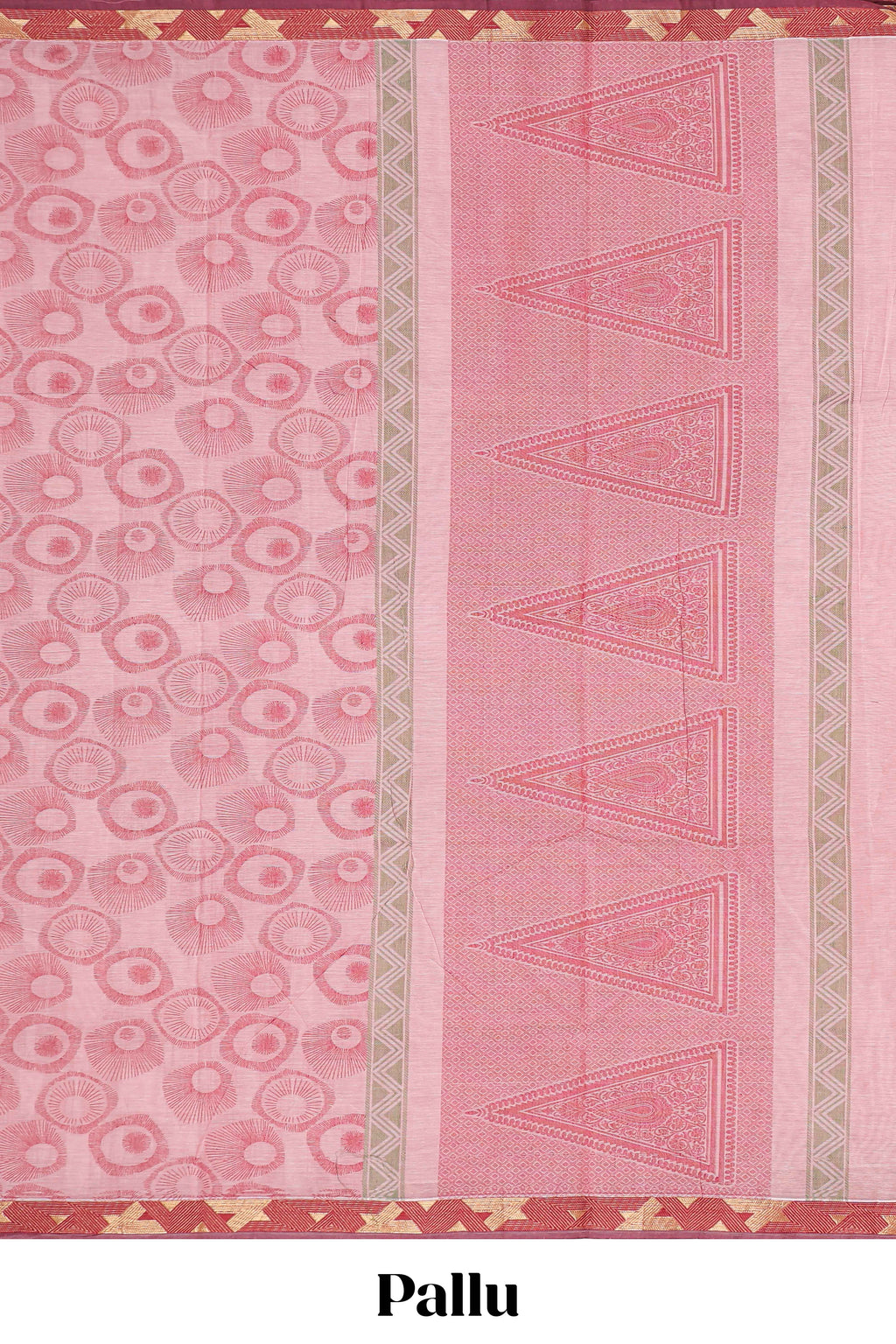 Pink unique designed chirala cotton saree with contrast border and self geometric motif pallu