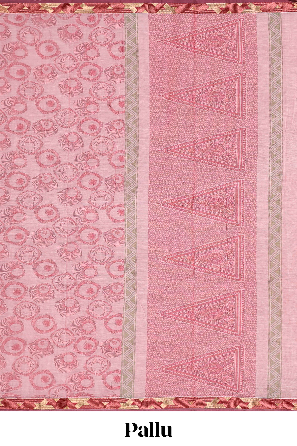 Pink unique designed chirala cotton saree with contrast border and self geometric motif pallu