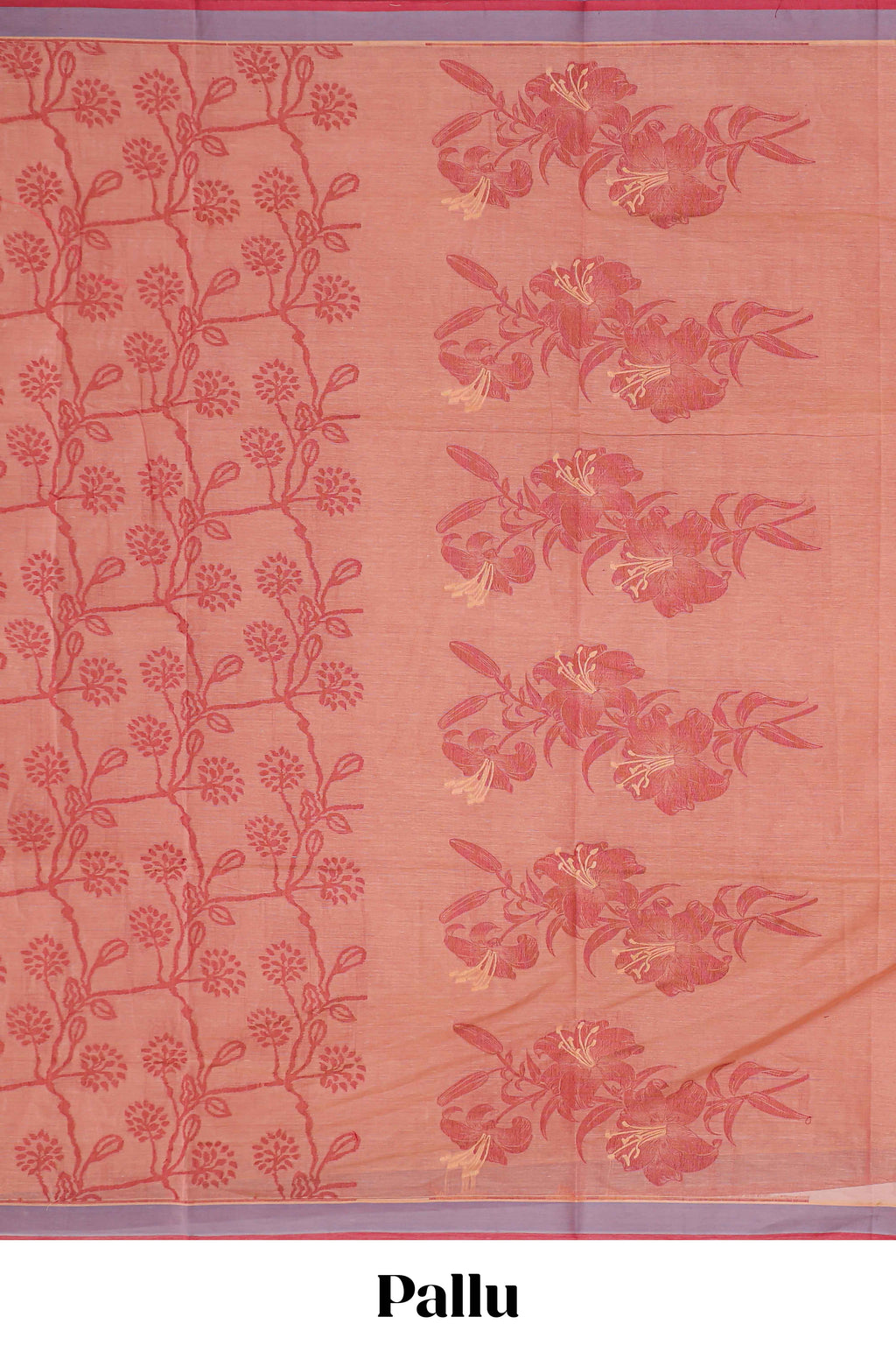 Peach floral designed chirala cotton saree with contrast border and self floral motif pallu