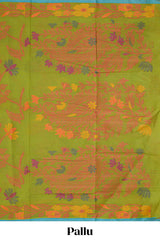Green floral designed chirala cotton saree with self border and floral design pallu