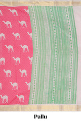 Pink camel motif chirala cotton saree with contrast zari border and blouse