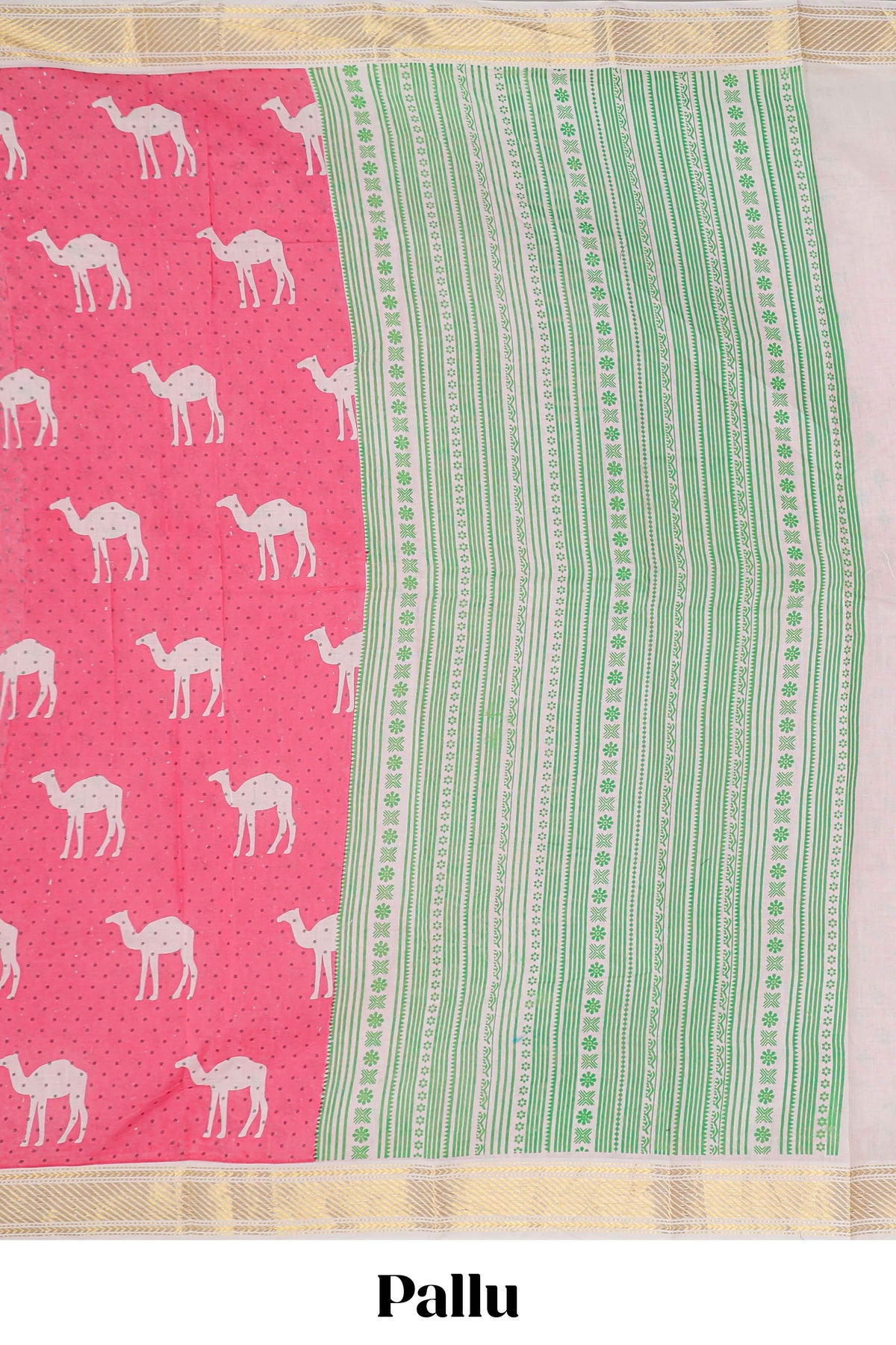 Pink camel motif chirala cotton saree with contrast zari border and blouse
