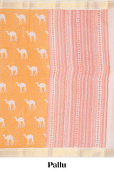 Orange camel motif chirala cotton saree with contrast zari border and blouse