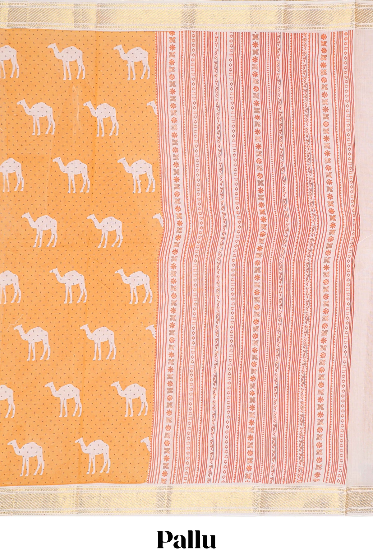 Orange camel motif chirala cotton saree with contrast zari border and blouse