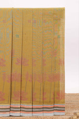 Mustard yellow floral design chirala cotton saree with contrast border and blouse