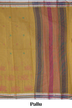 Mustard yellow floral design chirala cotton saree with contrast border and blouse