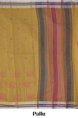 Mustard yellow floral design chirala cotton saree with contrast border and blouse