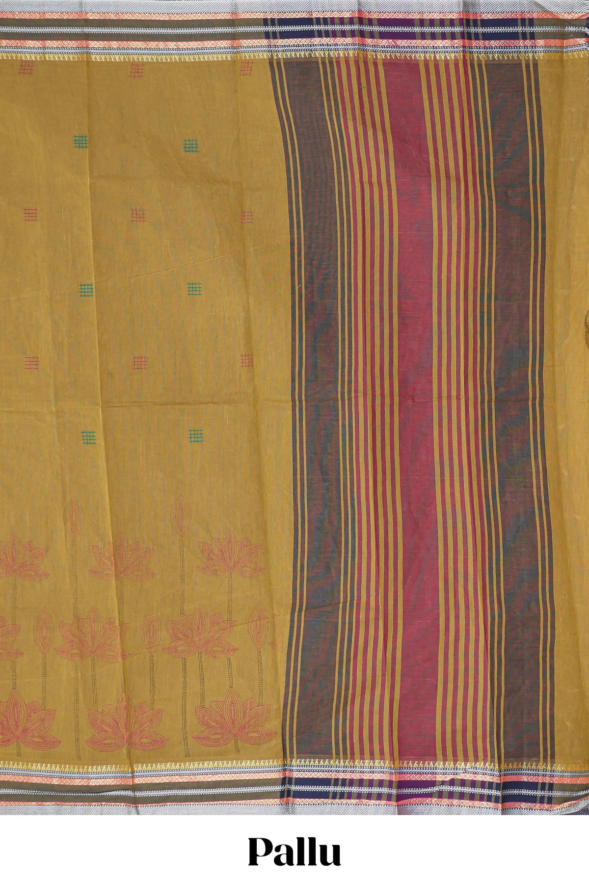 Mustard yellow floral design chirala cotton saree with contrast border and blouse