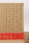 Beige geometric floral design chirala cotton saree with contrast border and zari design pallu