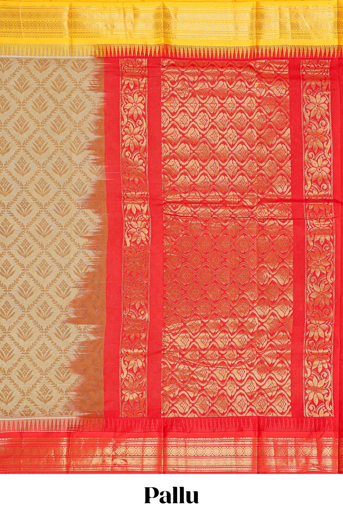 Beige geometric floral design chirala cotton saree with contrast border and zari design pallu