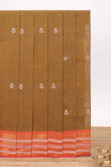 Mustard brown butta designed chirala cotton saree with contrast border and blouse