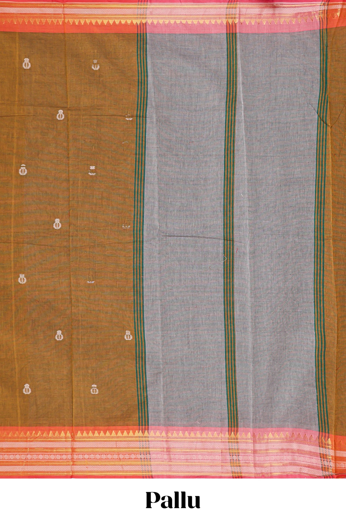 Mustard brown butta designed chirala cotton saree with contrast border and blouse