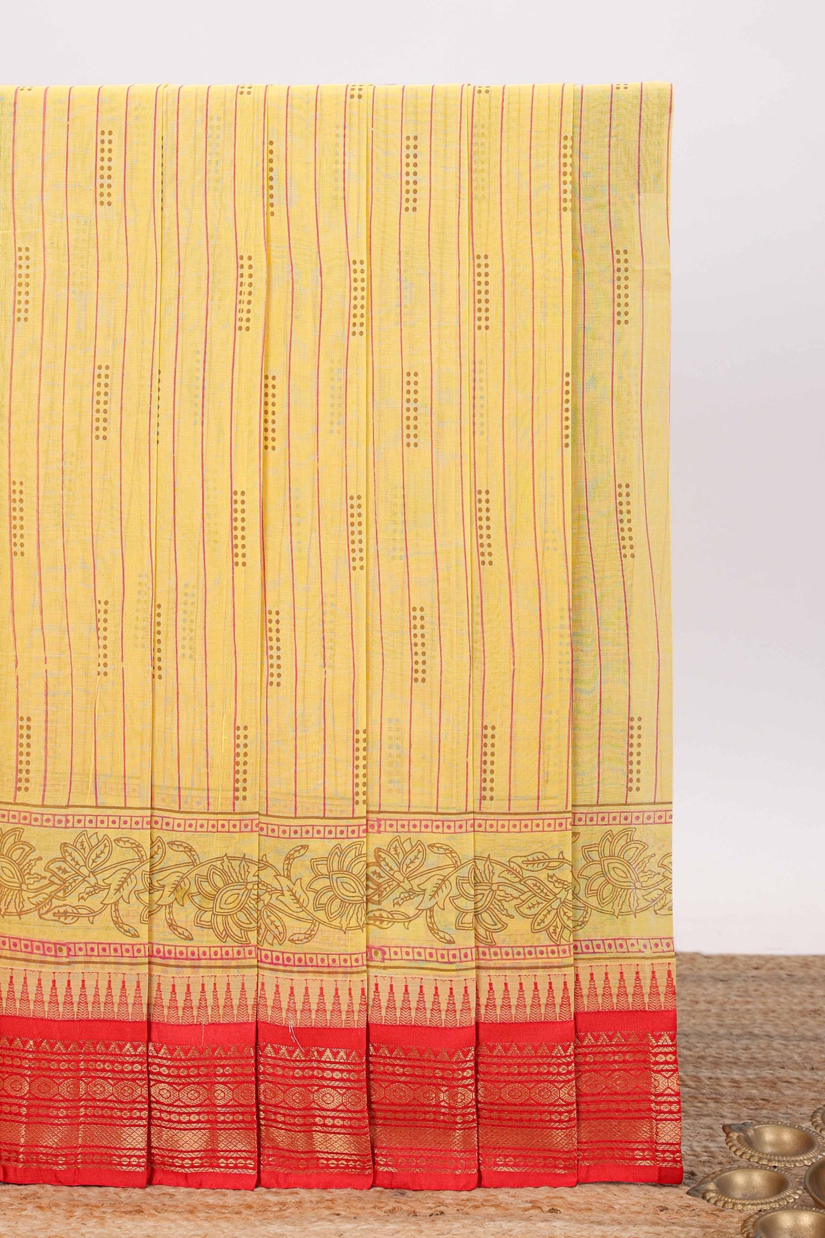 Yellow striped chirala cotton saree with contrast zari border and pallu