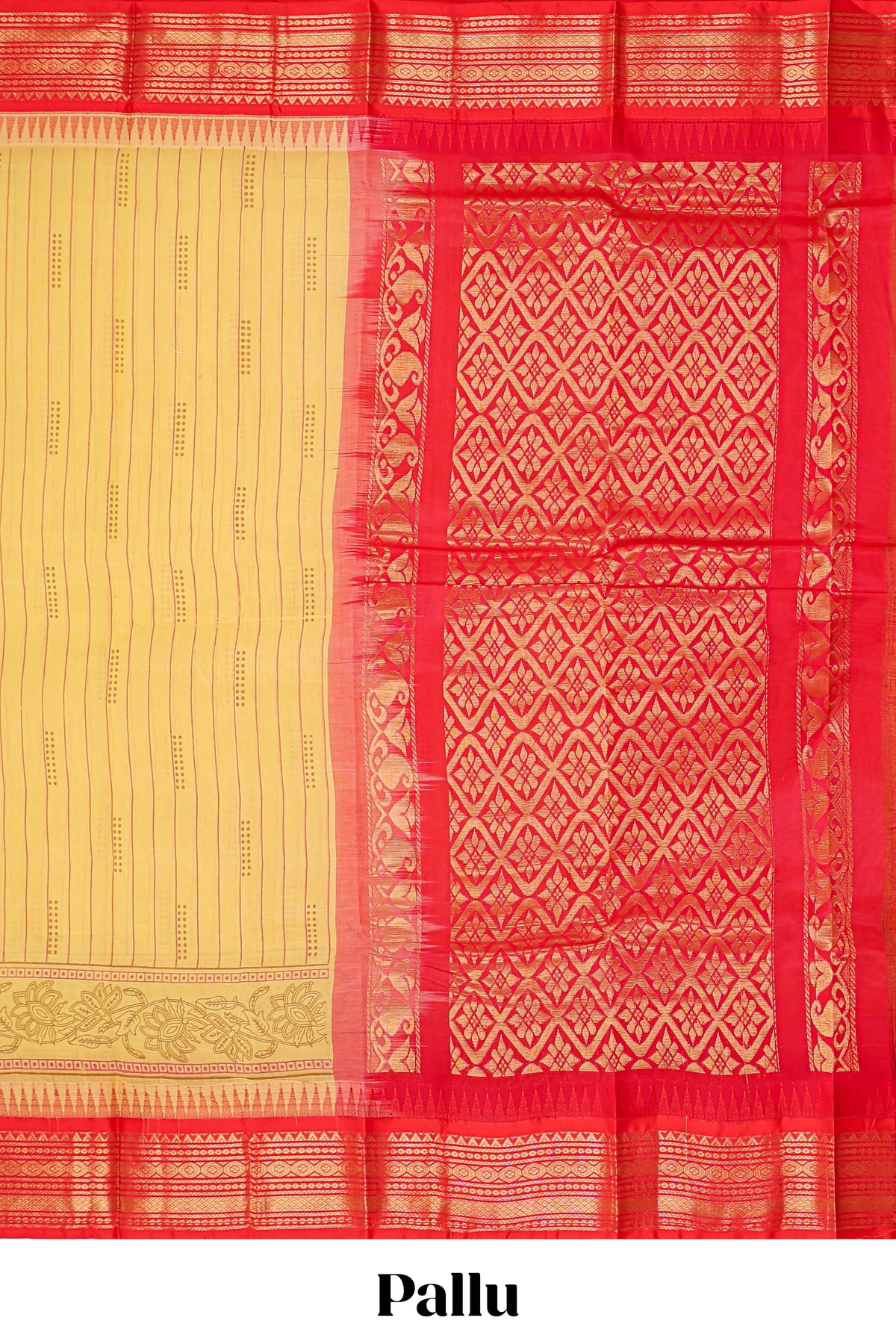 Yellow striped chirala cotton saree with contrast zari border and pallu